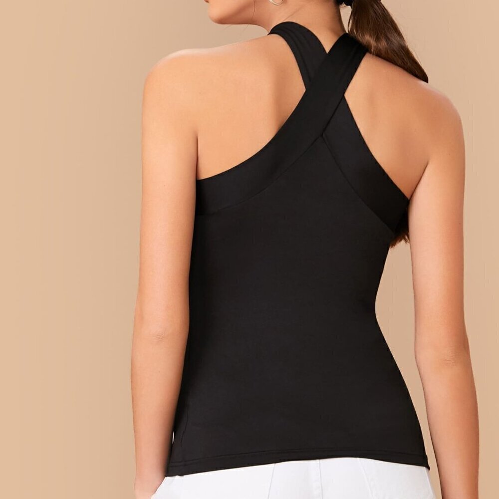 Black Casual Women's Form-Fitting Crisscross Halter Top - Picture 2 of 5